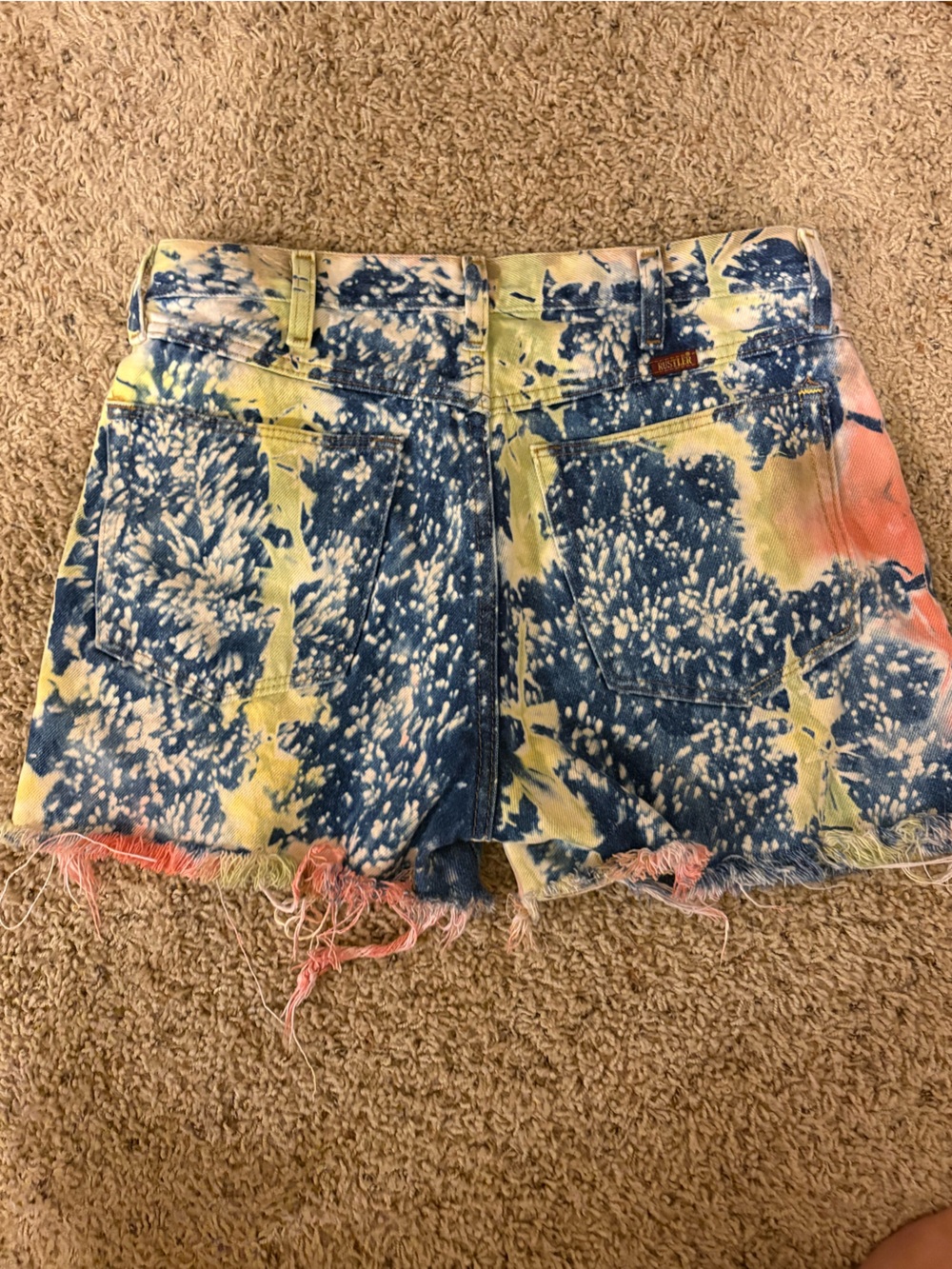 Vintage Tie-Dye Bleached Denim Cutoff Shorts - Blue, Pink, Yellow - Picture 2 of 4